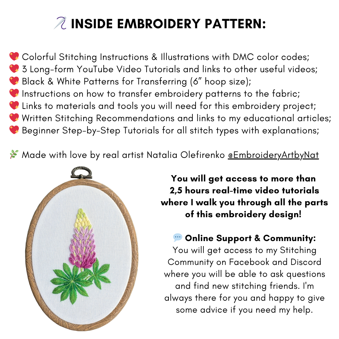 Lupin Hand Embroidery Pattern | PDF + Video Tutorials for Beginners and Intermediate Stitchers | 7-8 in Hoop Size (Copy) (Copy)