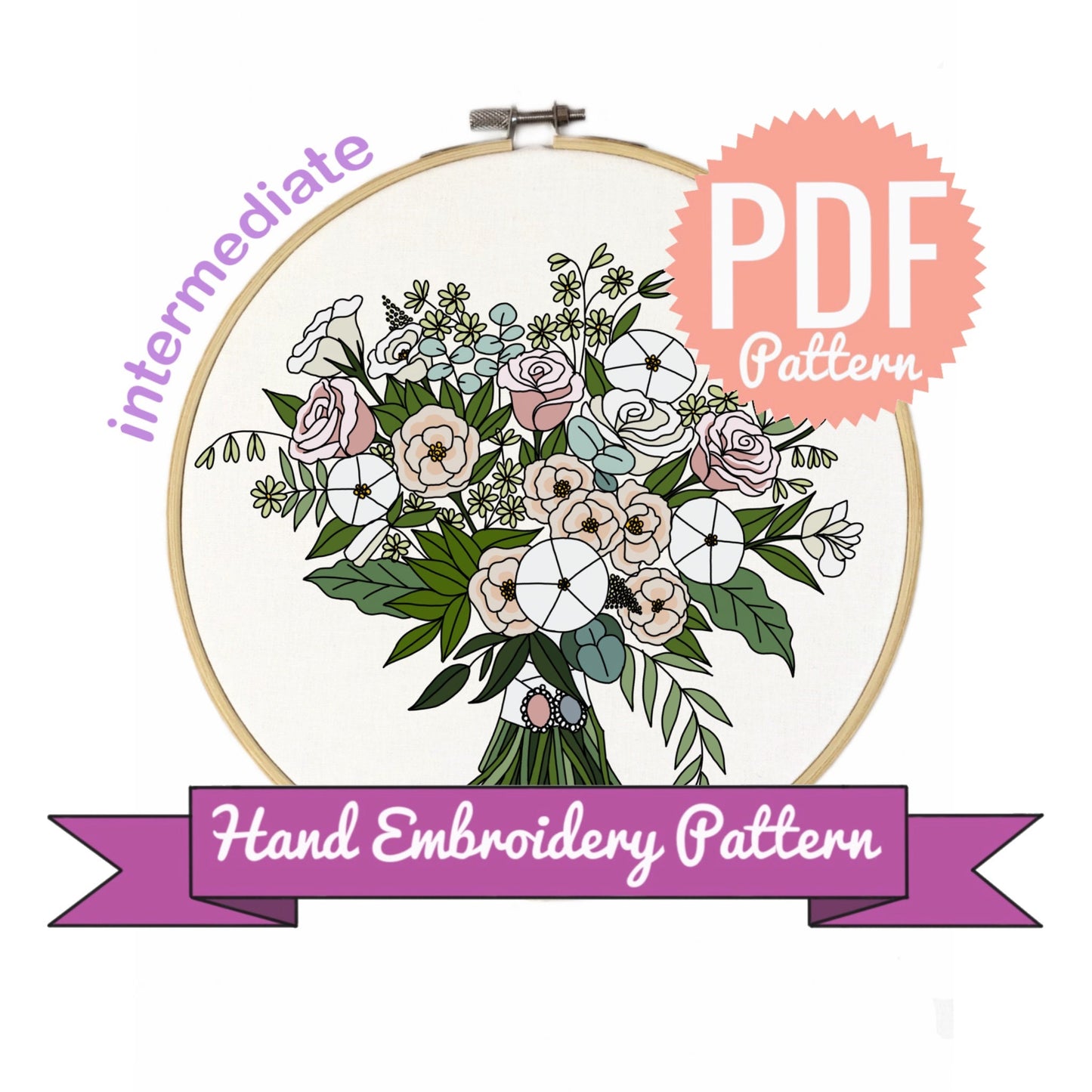 Cream Roses Wedding Bouquet Hand Embroidery Pattern