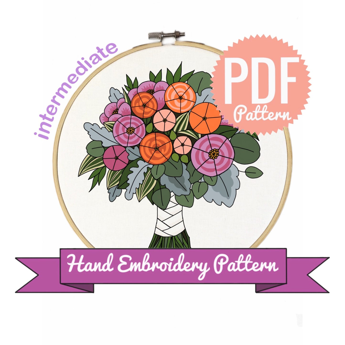 Roses and Peonies Wedding Bouquet - Hand Embroidery Pattern