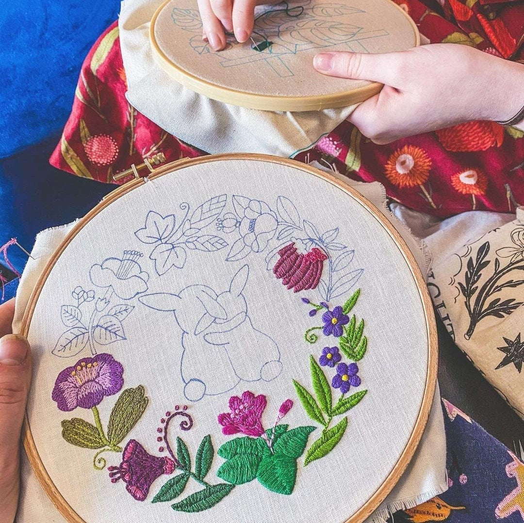 2 Bunnies in Fairy Floral Wreath Hand Embroidery Pattern