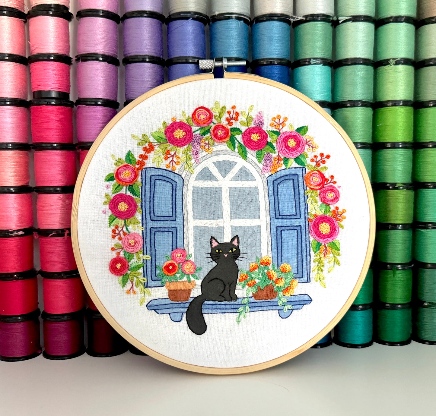 Blooming Cat Floral Hand Embroidery Pattern | Digital Download PDF + Video Tutorials, Instructions for Beginners