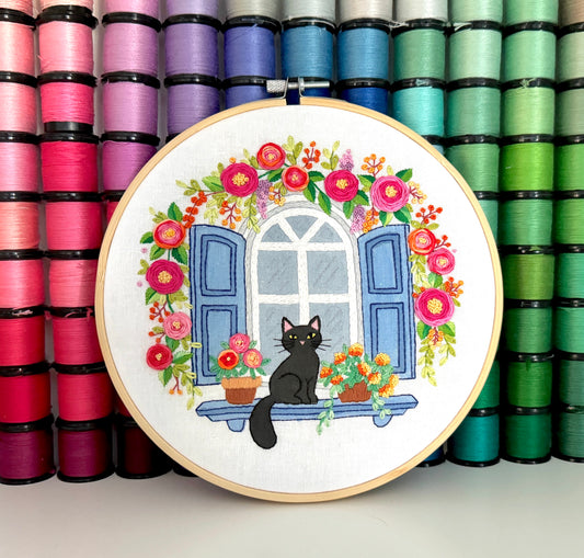 Blooming Cat Floral Hand Embroidery Pattern | Digital Download PDF + Video Tutorials, Instructions for Beginners