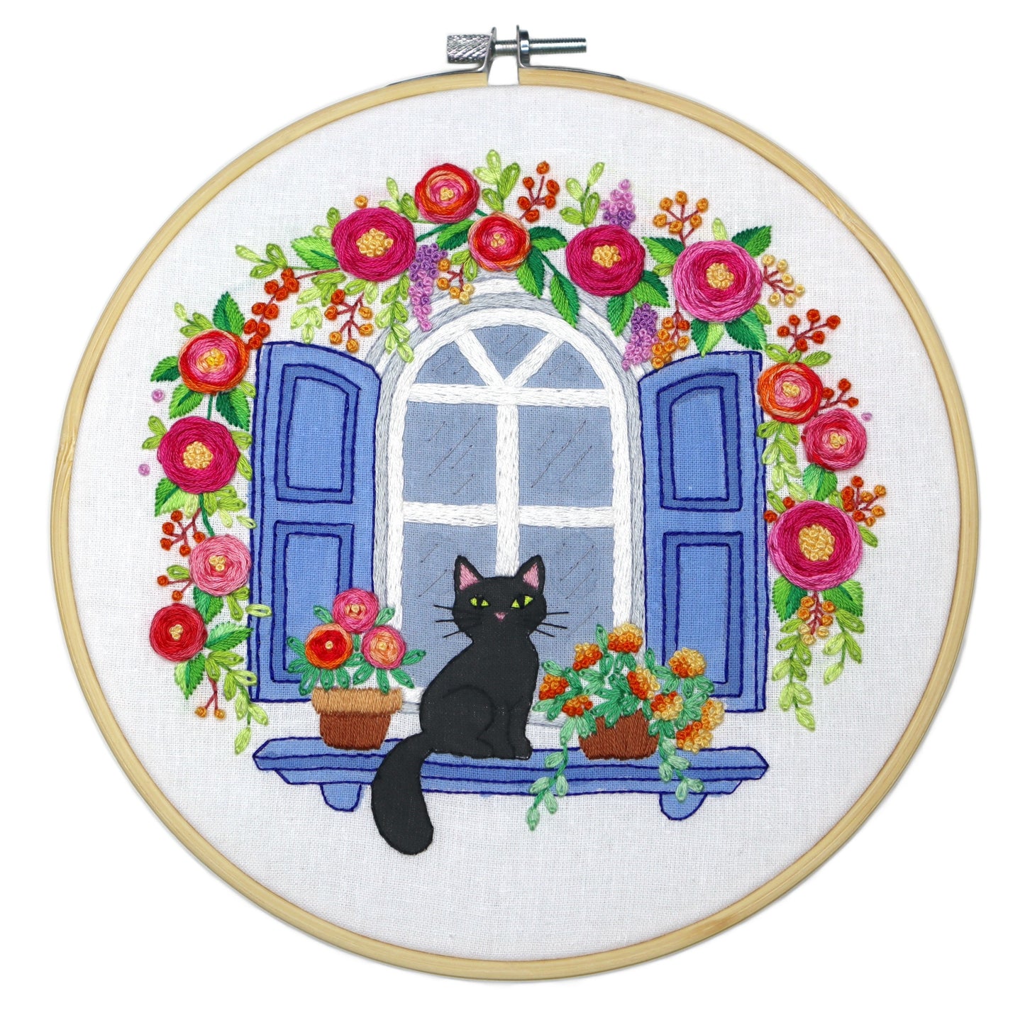 Blooming Cat Floral Hand Embroidery Pattern | Digital Download PDF + Video Tutorials, Instructions for Beginners