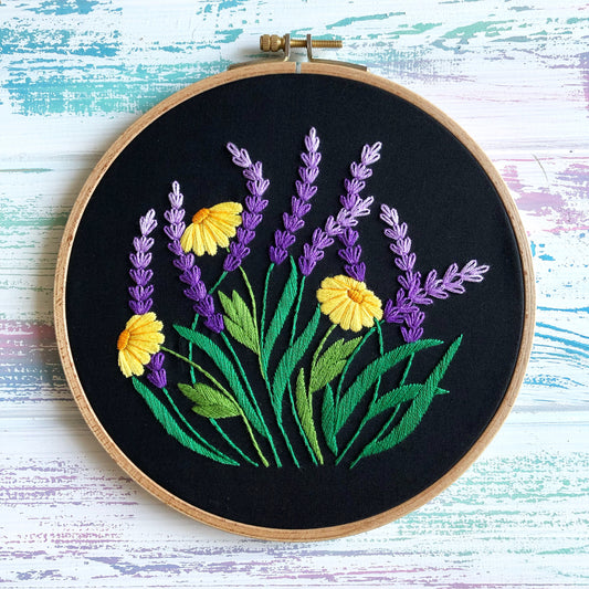 Lavender and Daisy - Hand Embroidery Pattern | Black Version | Digital Download