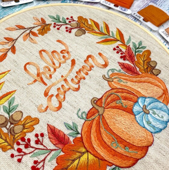 Hello Autumn Pumpkins Wreath - Hand Embroidery Pattern | Digital Download | 10-8 inch