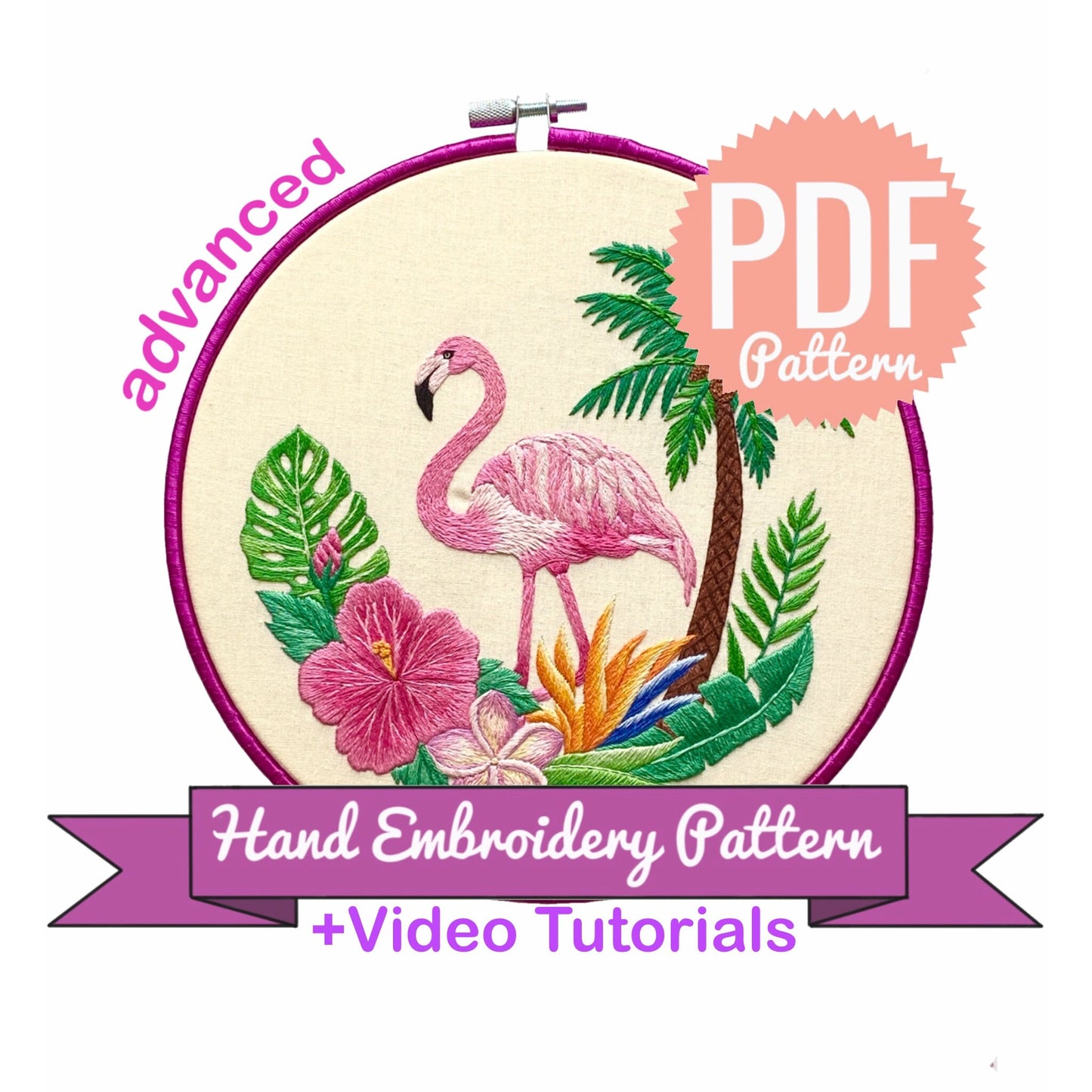 Flamingo & Tropical Flowers - Hand Embroidery Pattern | Digital Download