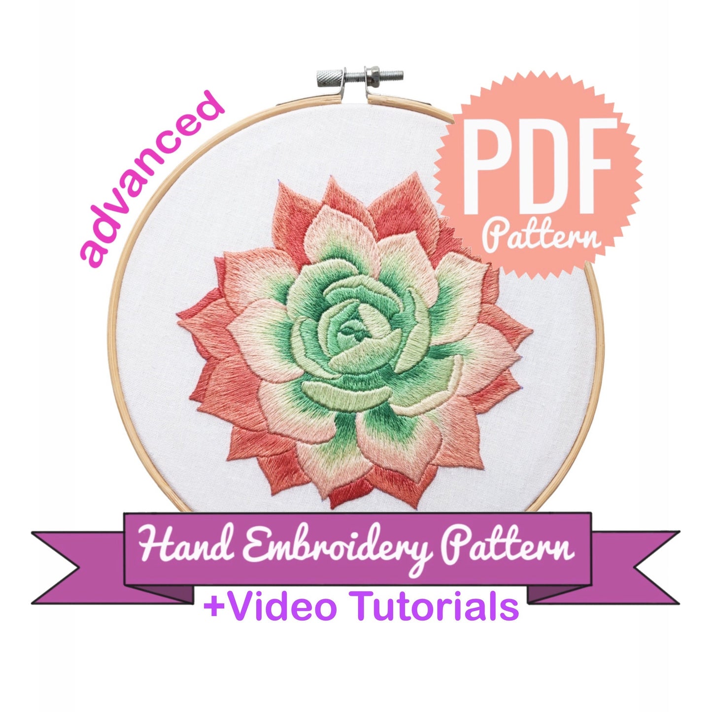 Succulent in Shades of Peach - Hand Embroidery Pattern | 5 and 7 inches | Digital Download PDF