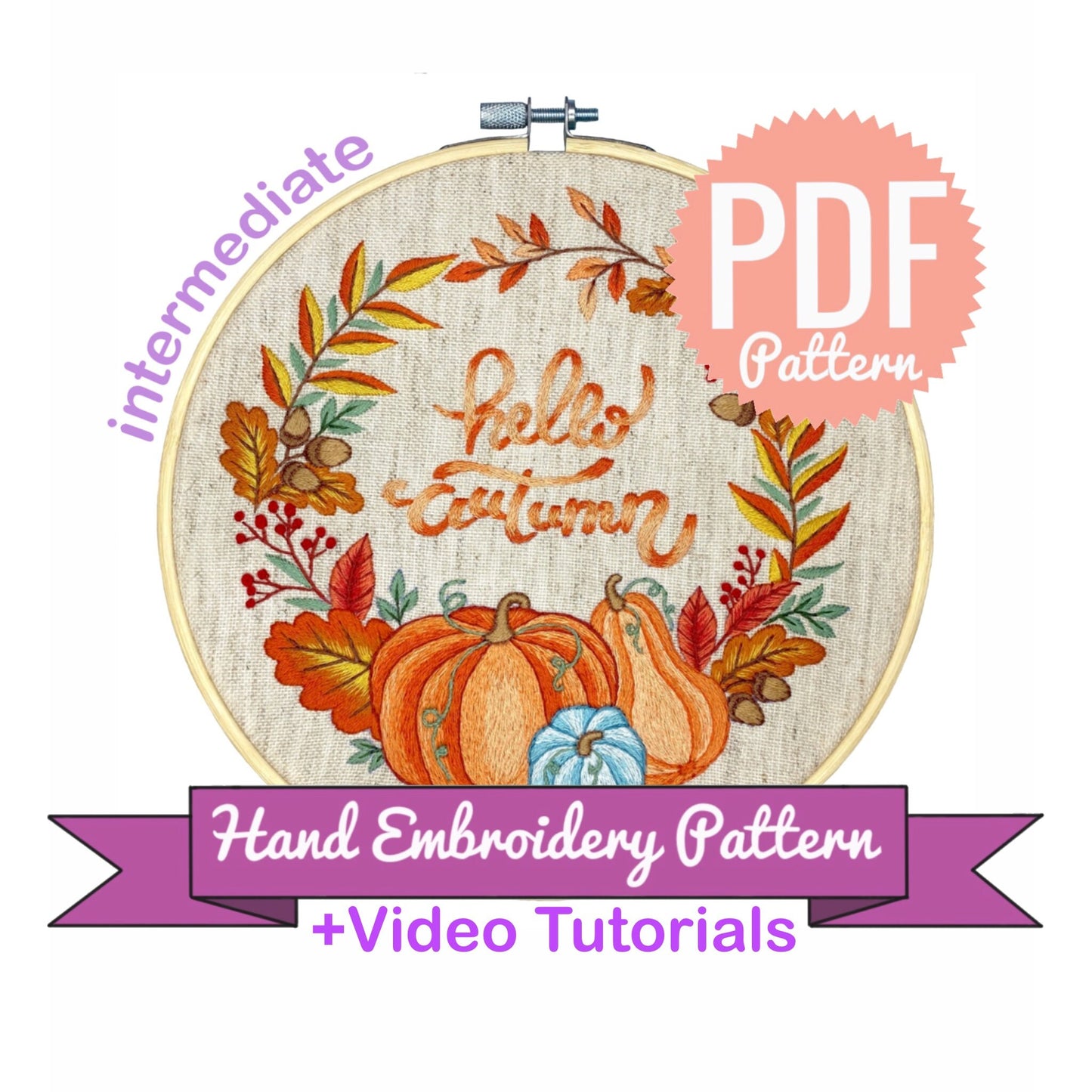 Hello Autumn Pumpkins Wreath - Hand Embroidery Pattern | Digital Download | 10-8 inch