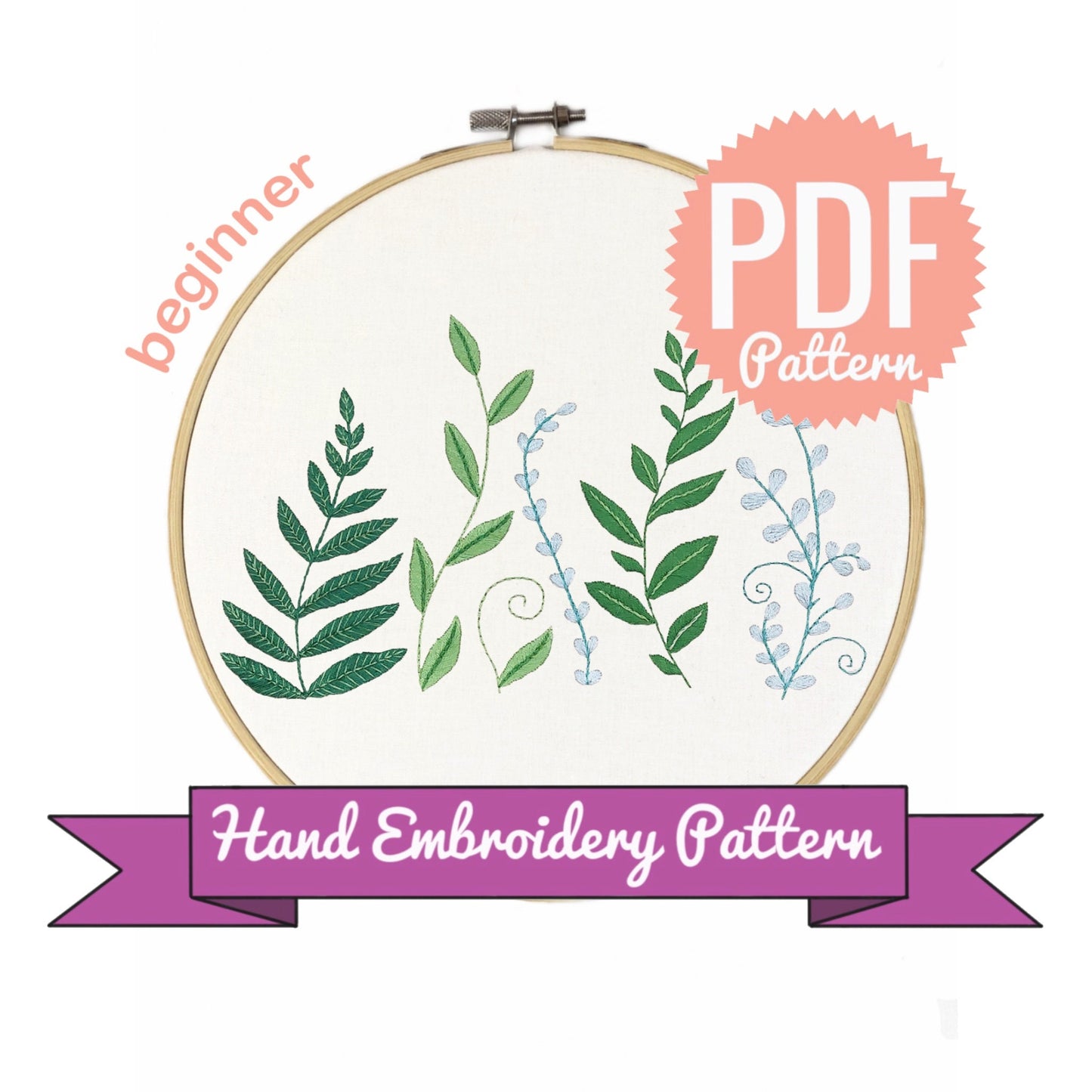 Green Leaves Hand Embroidery Pattern | Digital Download