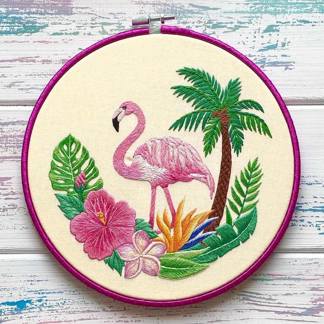 Flamingo & Tropical Flowers - Hand Embroidery Pattern | Digital Download