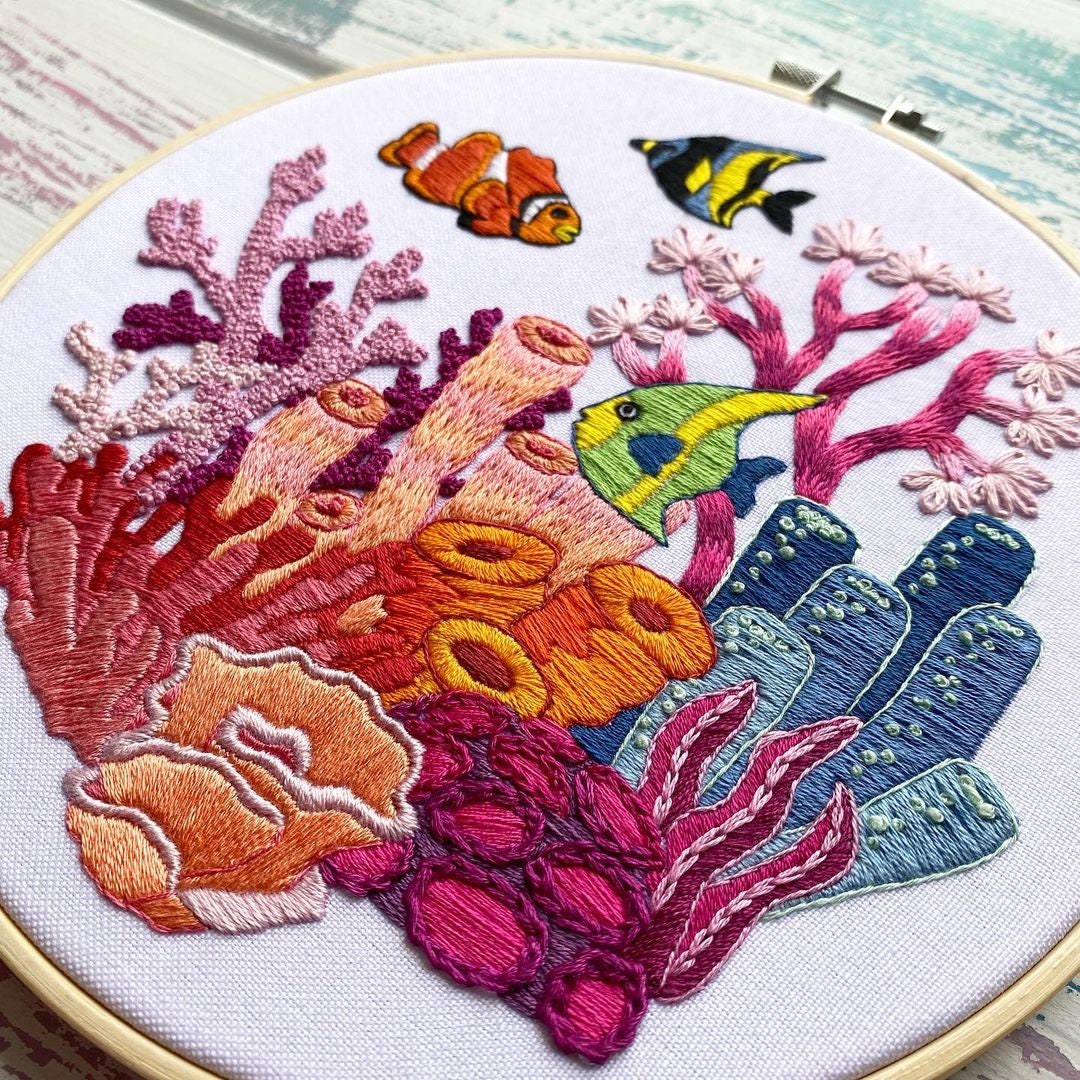Corals and Sea Fishes Hand Embroidery Pattern + Complete Video Course | Digital Download | 8 inches