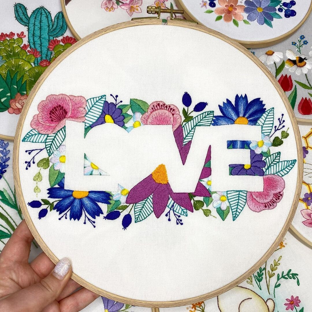 Big Floral LOVE Negative Space Hand Embroidery Pattern + Complete Video Course | Digital Download |10 inches