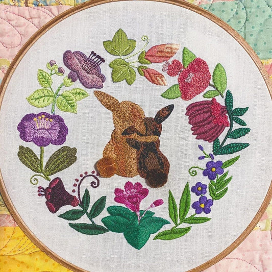 2 Bunnies in Fairy Floral Wreath Hand Embroidery Pattern | Digital Download