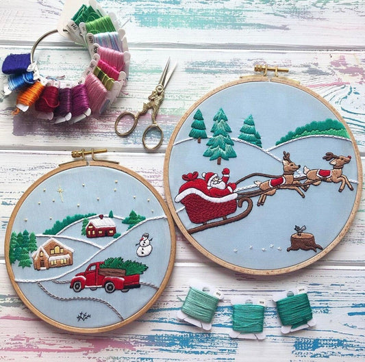 Christmas Bundle: Santa Claus & Red Truck with Christmas Tree | Hand Embroidery Patterns Digital Download