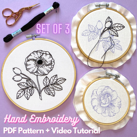 Wild Rose Blackwork Embroidery Pattern | Set of 3 designs for 7', 5' and 4' hoop | Digital Download