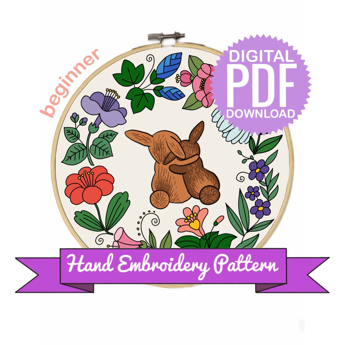 2 Bunnies in Fairy Floral Wreath Hand Embroidery Pattern | Digital Download