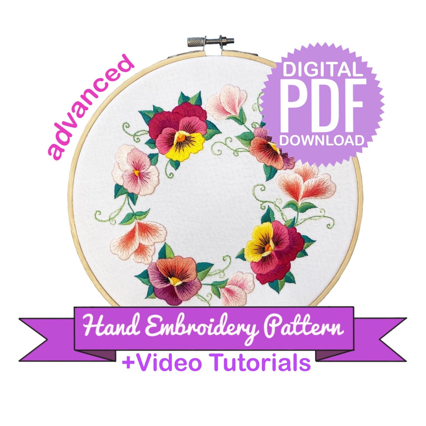 Spring Pansies Wreath Pink Version - Hand Embroidery Pattern