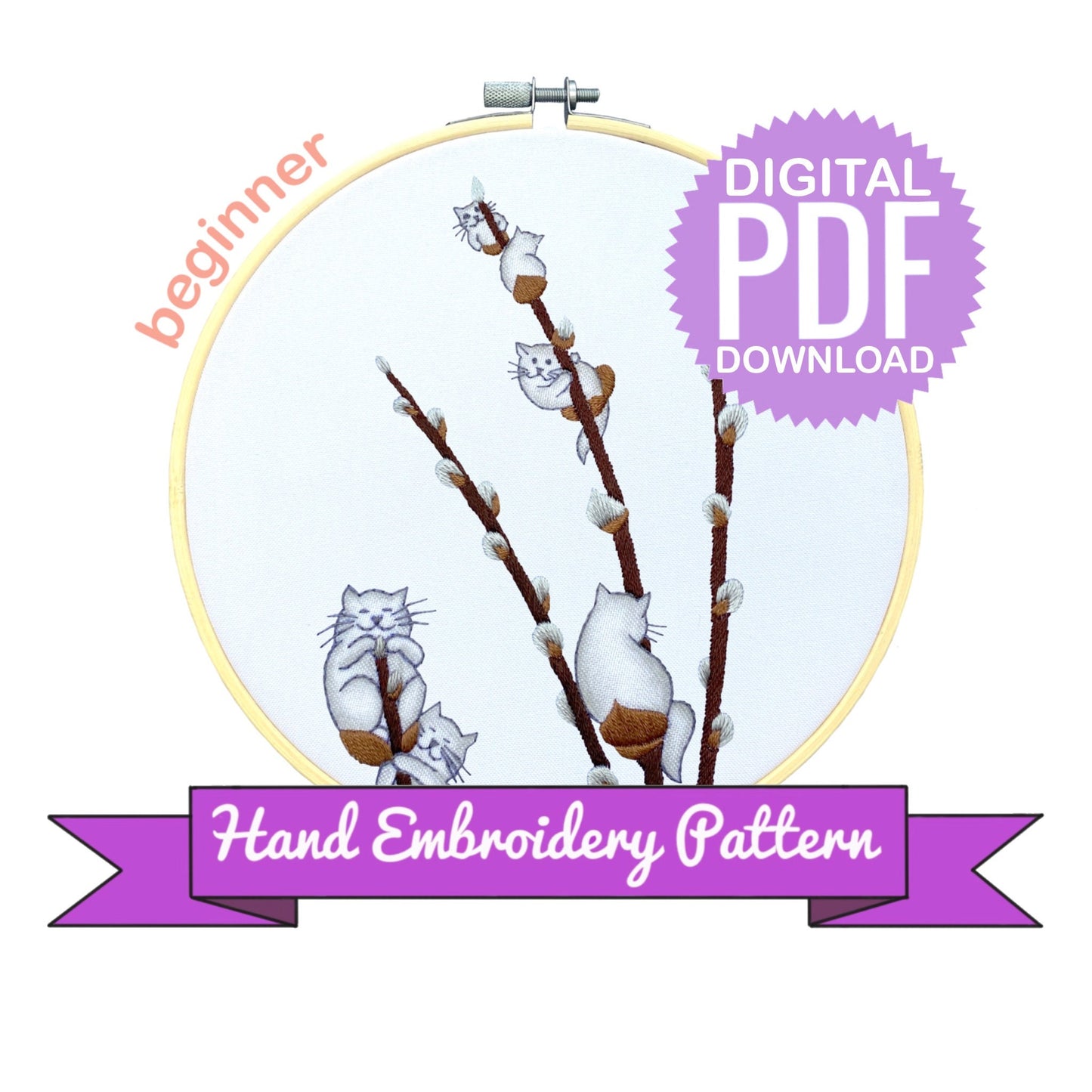 Cats on Willow Tree Hand Embroidery Pattern