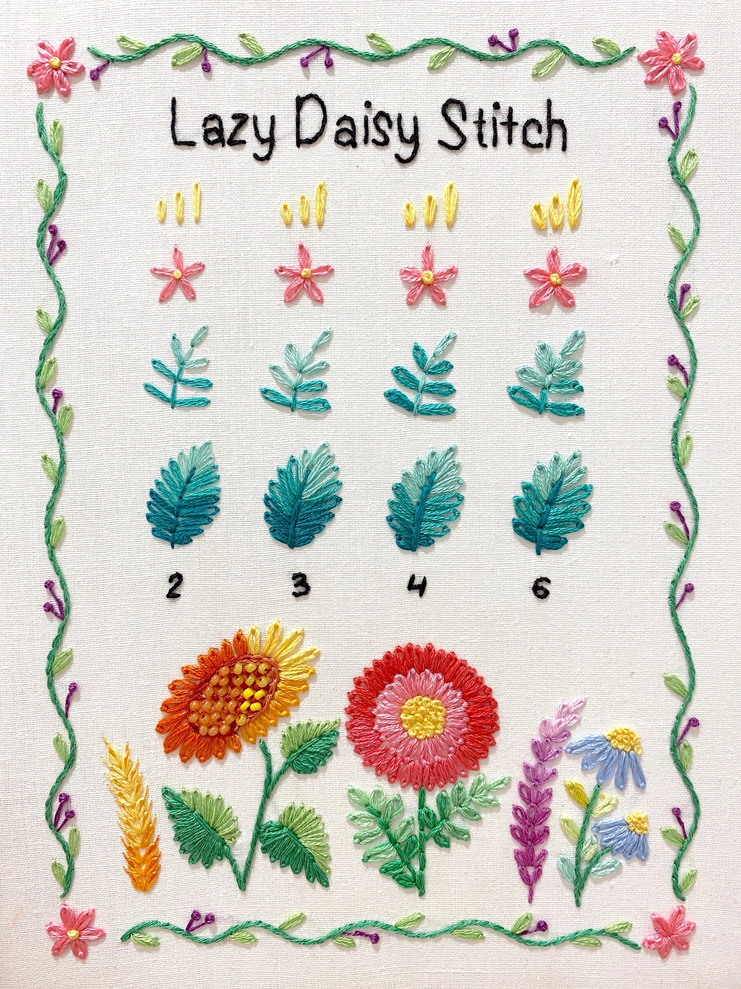 Lazy Daisy Stitch Sampler Page for Beginners - Hand Embroidery Pattern | Embroidery Samplers Guide Book