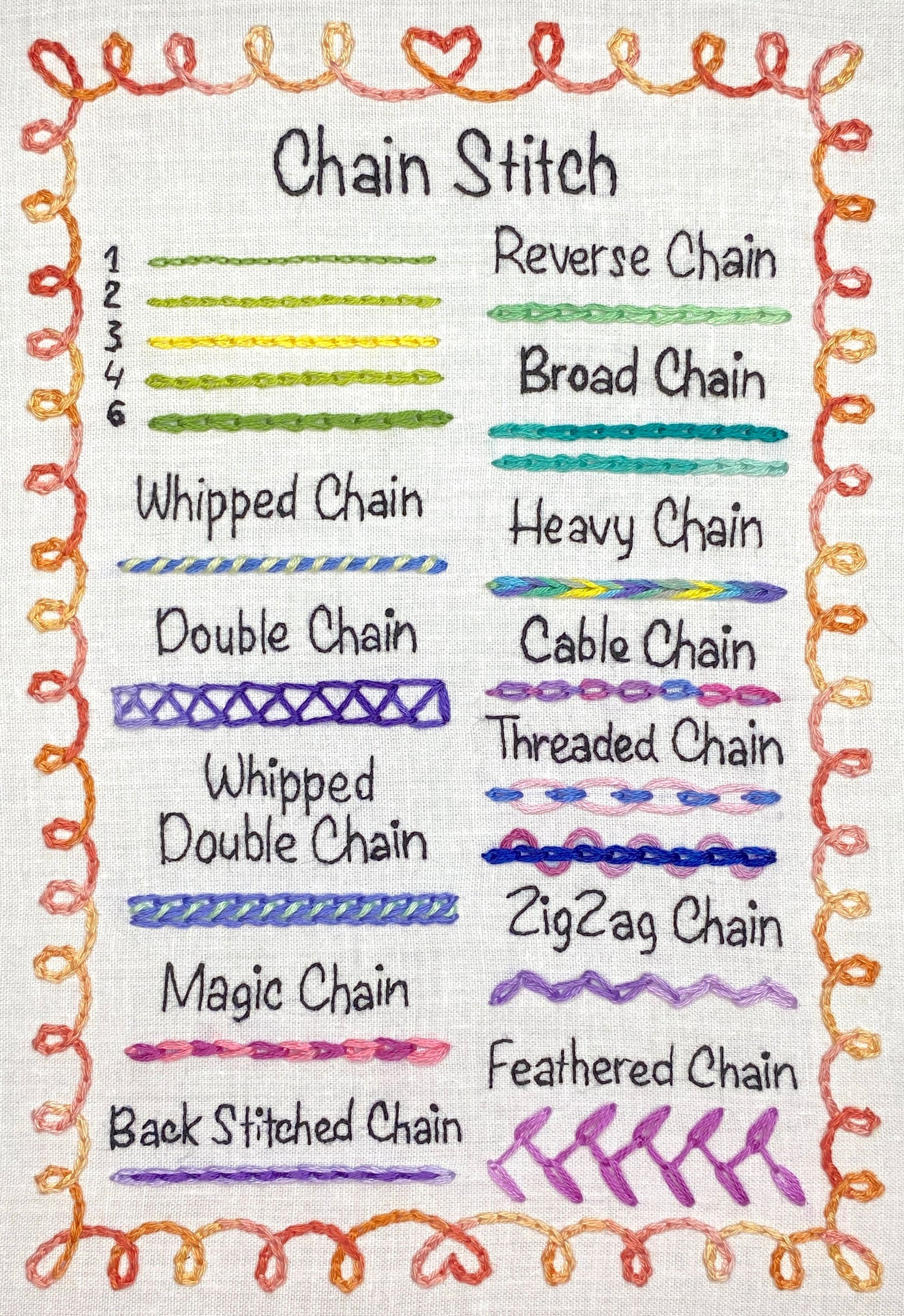 Chain Stitch Sampler Page for Beginners, Hand Embroidery PDF Pattern + Video Tutorials
