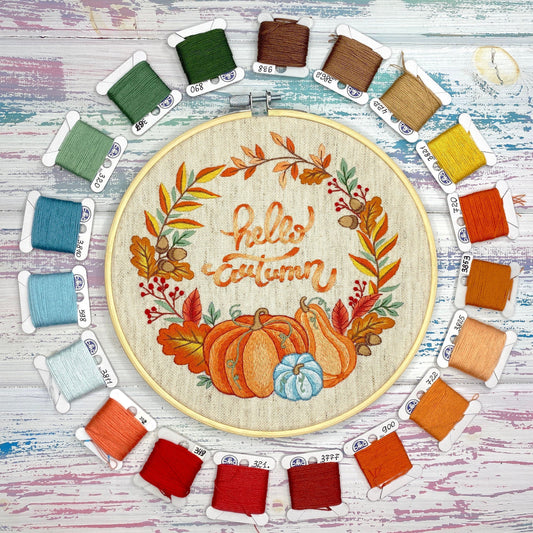 Hello Autumn Pumpkins Wreath - Hand Embroidery Pattern | Digital Download | 10-8 inch